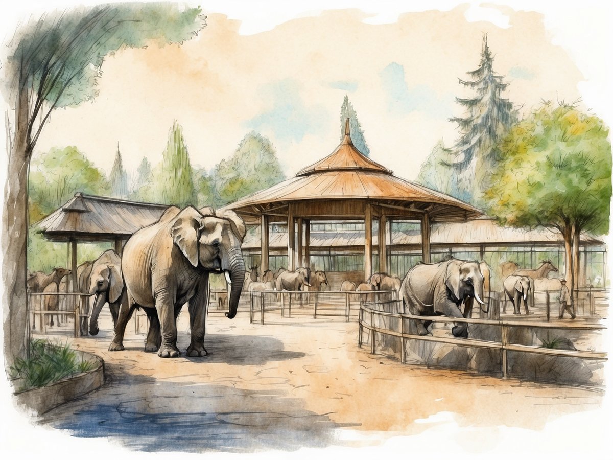 Das Bild zeigt eine malerische Szene aus dem Opel-Zoo mit mehreren Elefanten, die in einem Gehege herumstehen. Im Hintergrund ist ein überdachter Bereich mit Holzsäulen und einem schrägen Dach zu sehen. Die Landschaft ist von grünen Bäumen und sanften Hügeln umgeben, während einige Zäune das Gehege abgrenzen. Ein Tierpfleger bewegt sich im Bild und beobachtet die Elefanten. Die gesamte Darstellung vermittelt eine ruhige und natürliche Atmosphäre.