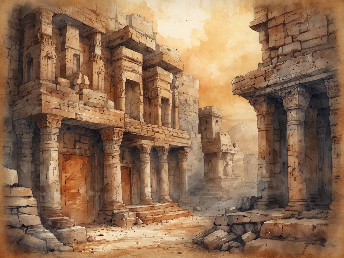 Die Szene zeigt eine historische Ruine mit beeindruckenden, verzierten Säulen und zerfallenen Gebäuden. Der Himmel ist in sanften, warmen Farbtönen gehalten, die eine melancholische Atmosphäre erzeugen. Trümmer liegen verstreut auf dem Boden, und die Struktur der alten Mauern weist auf ihre einstige Pracht hin. Diese Architektur erinnert an die faszinierenden Stätten des Nahen Ostens, die Geschichte und Kultur verkörpern.