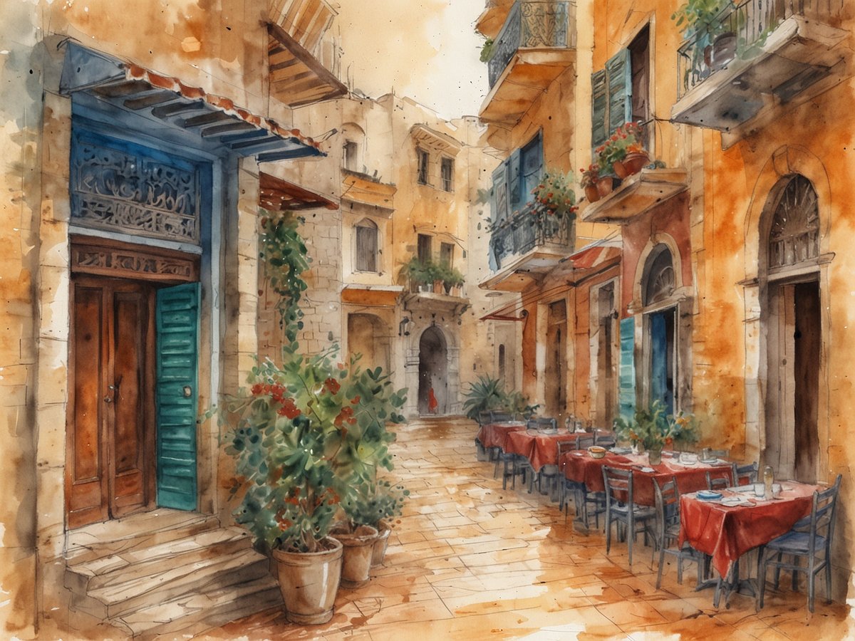 Eine malerische Gasse in Beirut mit charmanten, orangefarbenen Gebäuden und grünen Fensterläden. Auf der linken Seite sieht man eine holzverzierte Tür und eine grazile Pflanze in einem Topf, während sich rechts eine Reihe von Tischen mit roten Tischdecken und frischen Blumen befindet. Die Straße ist mit hellen Fliesen ausgelegt und wird von warmer, natürlicher Beleuchtung durchflutet. In der Ferne ist eine weitere architektonische Struktur sichtbar, die das historische Flair der Stadt widerspiegelt.
