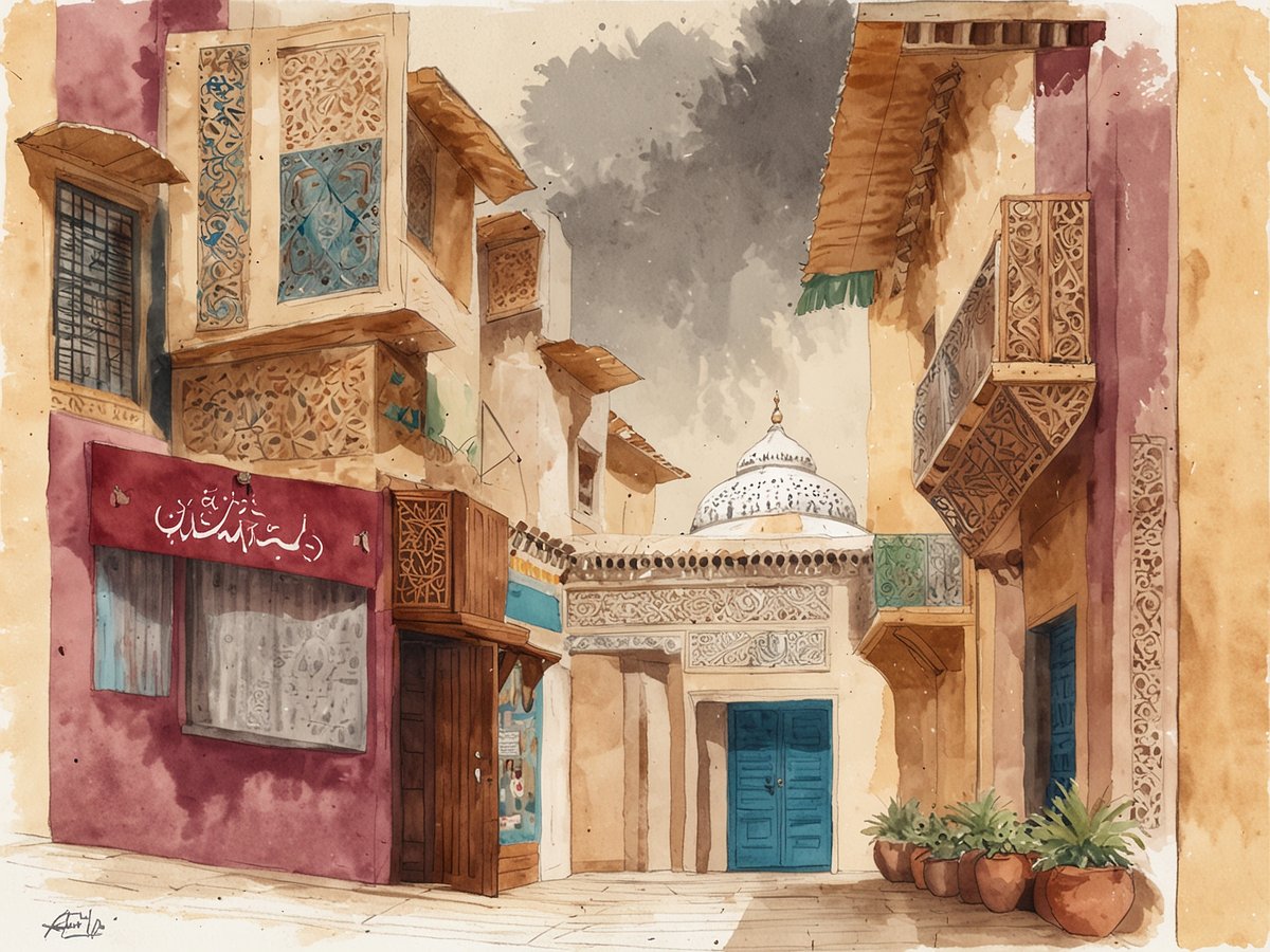 Eine malerische Gasse in Katar, geschmückt mit traditioneller Architektur und kunstvoll verzierten Holzfenstern. Auf der linken Seite befindet sich ein Laden mit einem roten Schild, während eine blau gestrichene Tür im Vordergrund die Aufmerksamkeit auf sich zieht. Im Hintergrund ist eine Kuppel mit filigranen Mustern zu sehen, die dem Bild einen kulturellen Flair verleiht. Der Boden ist aus Naturstein, und in Töpfen angepflanzte Grünelemente verleihen der Szenerie Leben und Frische. Der Himmel zeigt eine wolkige Atmosphäre, die die warme Farbenpracht der Gebäude unterstreicht.