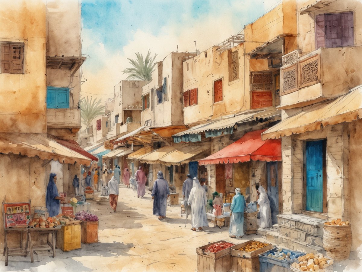 Eine belebte Straße in einem traditionellen Markt in Bahrain, umgeben von historischen, sandfarbenen Gebäuden mit bunten Fensterläden. Händler bieten ihre Waren auf Holzkarren an, während Passanten in traditionellen Gewändern umherlaufen. Die Atmosphäre ist lebhaft und einladend, mit Straßenständen, die frische Früchte und Gemüse verkaufen. Im Hintergrund sind Palmen zu sehen, die das tropische Klima widerspiegeln, und der Himmel ist klar und blau. Die Szene vermittelt ein Gefühl von Kultur und Tradition in einem lebendigen urbanen Umfeld.