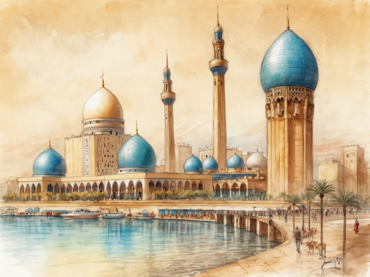 Eine Architekturansicht einer Moschee mit prächtigen blauen Kuppeln und einem hohen Minarett, umgeben von einem ruhigen Wasserlauf. Im Vordergrund sind Boote am Ufer angelegt und Menschen flanieren entlang der Promenade, während Palmen für Schatten sorgen. Die sanften Farben und die detaillierte Darstellung vermitteln ein Gefühl von kultureller Tiefe und moderner Atmosphäre in Kuwait.