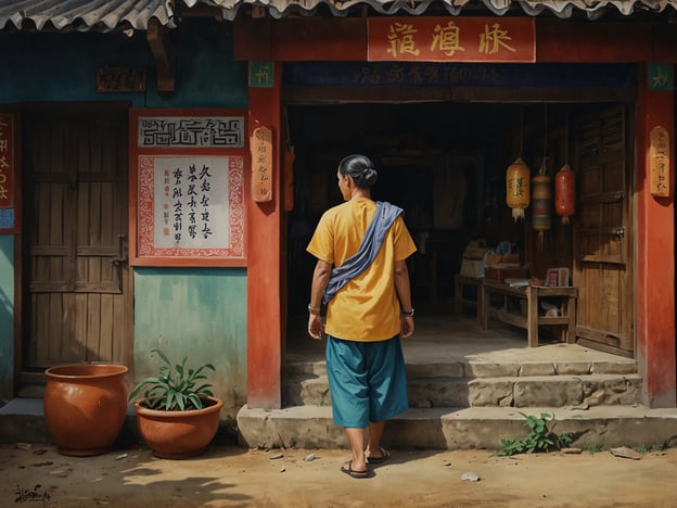 Auf dem Bild ist eine Person zu sehen, die vor einem traditionellen, asiatisch anmutenden Gebäude steht. Die Person trägt ein gelbes Oberteil und eine blaue Hose, kombiniert mit einem grauen Schal auf der Schulter. 

Das Gebäude hat eine interessante Architektur, mit kunstvoll gestalteten Türen und Fenstern. An der Wand hängen mehrere Laternen, die eine festliche Atmosphäre vermitteln. Vor dem Eingang befinden sich Tontöpfe und Pflanzen, was dem Bild eine gewisse Lebendigkeit verleiht.

Kommunikationstipps:
1. **Sei präzise**: Beschreibe das Bild klar und detailliert.
2. **Verwende anschauliche Sprache**: Nutze lebendige Adjektive, um das Bild lebendig werden zu lassen.
3. **Betone Gefühle**: Versuche, die Stimmung und Atmosphäre des Bildes zu erfassen und zu vermitteln.