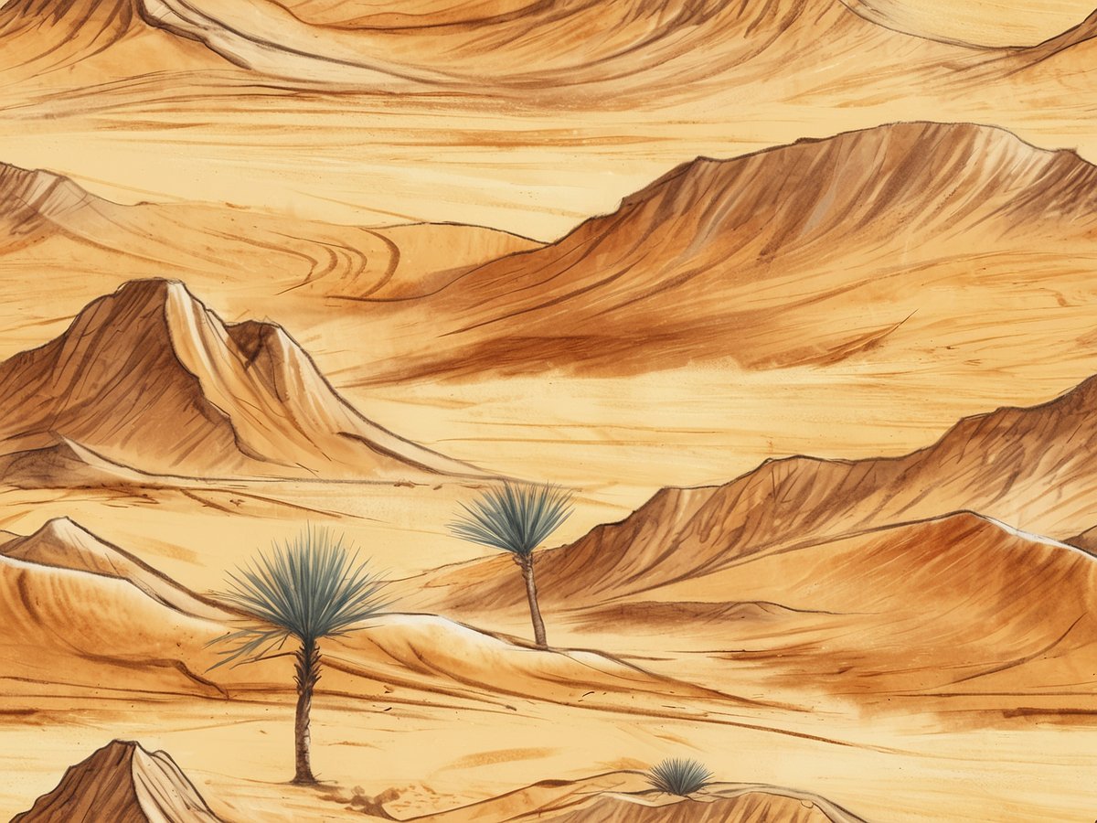 Eine weite Wüstenlandschaft in Saudi-Arabien mit sanften, geschwungenen Sanddünen in verschiedenen Brauntönen. Im Vordergrund sind einige niedrigwüchsige Gräser und eine einzelne Palme zu sehen, die sich vor der beeindruckenden Gebirgslandschaft abhebt. Der Himmel wirkt klar und weit, während die warmen Erdtöne der Wüste die trocken-aride Umgebung charakterisieren.