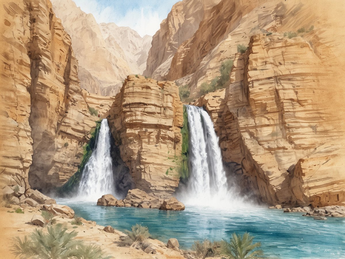 Eine majestätische Landschaft mit zwei Wasserfällen, die aus steilen, von Sonne beschienenen Felsen herabstürzen. Das Wasser plätschert in einen ruhigen, blauen Teich, umgeben von grünem Schilf und trockener, goldbrauner Erde. Im Hintergrund erheben sich sanfte, zerklüftete Berge unter einem klaren Himmel. Die Szenerie strahlt Ruhe und natürliche Schönheit aus und lädt zur Erkundung ein.