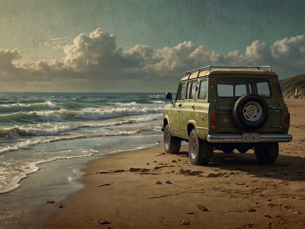 Auf dem Bild ist ein grünes Fahrzeug zu sehen, das am Strand parkt. Die Wellen schlagen sanft gegen den Sand, während im Hintergrund eine malerische Küstenlandschaft sichtbar ist. 

Wenn du nach Samoa reist, hier einige praktische Tipps:

1. **Transport**: Mietwagen sind verfügbar, aber achte darauf, dass viele Straßen unbefestigt sind. Ein Geländewagen kann hier von Vorteil sein.

2. **Kultur respektieren**: Trage angemessene Kleidung, besonders beim Besuch von Dörfern und heiligen Stätten.

3. **Sonnenschutz**: Die Sonne kann stark sein, also benutze Sonnencreme und trag einen Hut.

4. **Essen und Trinken**: Probiere die lokale Küche, aber trinke nur abgefülltes Wasser, um gesundheitliche Probleme zu vermeiden.

5. **Natur genießen**: Erkunde die atemberaubenden Strände und Wasserfälle, aber achte darauf, die Natur zu respektieren und keinen Müll zu hinterlassen.

Viel Spaß, wenn du Samoa besuchst!