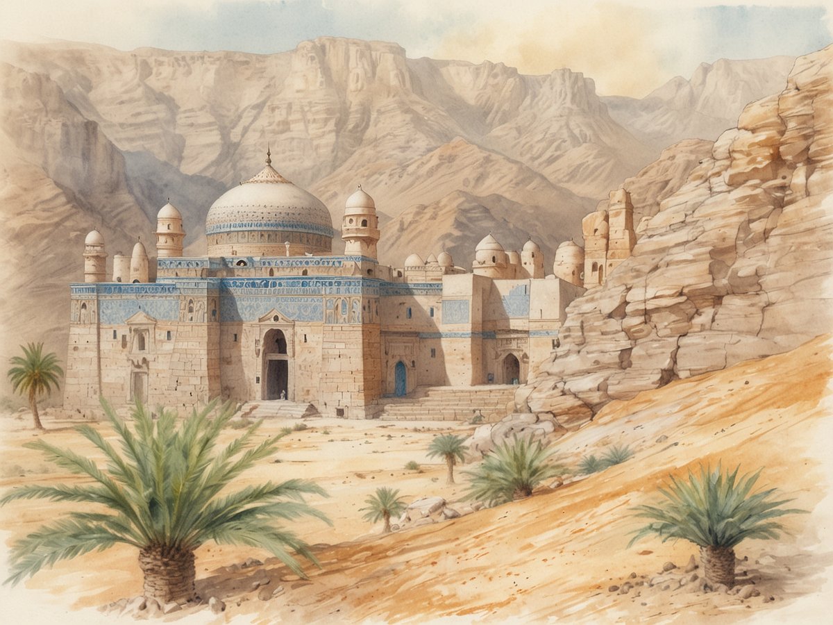 Eine beeindruckende Architektur mit einer prächtigen Kuppel und kunstvollen Verzierungen ist vor einem majestätischen Gebirgszug zu sehen. Der Bau ist aus hellem Stein und weist Elemente arabischer Baukunst auf, umgeben von einer sonnenverwöhnten Wüstenlandschaft. Palmen und strauchige Pflanzen sowie sandige Böden schaffen eine natürliche Kulisse, die die kulturelle und historische Bedeutung des Ortes unterstreicht. Die sanften Farben des Himmels ergänzen die Szene und verleihen ihr eine ruhige Atmosphäre.