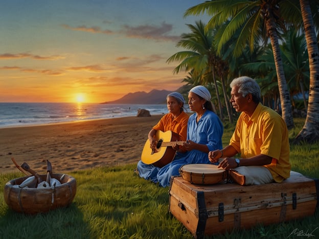 Auf dem Bild sind drei Menschen zu sehen, die in einer malerischen Küstenlandschaft in der Nähe eines Strandes musizieren, während die Sonne am Horizont untergeht. Sie tragen traditionelle Kleidung, was darauf hindeutet, dass sie möglicherweise an einer kulturellen Feier oder einem Musikfest teilnehmen.

Die Verwendung von Musikinstrumenten wie einer Gitarre und traditionellen Trommeln zeugt von der wichtigen Rolle, die Musik in vielen Kulturen spielt, um Gemeinschaften zusammenzubringen und Traditionen weiterzugeben. Solche Szenen sind oft Teil von Festlichkeiten, die das kulturelle Erbe, die Geschichte und die Identität der Menschen feiern.

Die Palmen im Hintergrund und der Strand erinnern an tropische Regionen und deren Lebensstil, der häufig eng mit der Natur verbunden ist. Diese Art von musikalischer Darbietung könnte beispielsweise bei lokalen Festivals, Familienfeiern oder sogar bei spirituellen Zeremonien vorkommen, bei denen die Verbindung zur Natur und zur Gemeinschaft im Mittelpunkt steht.