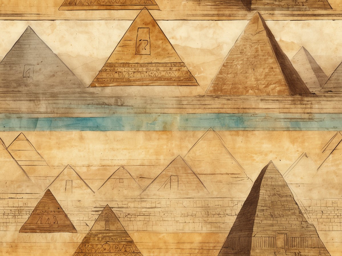 Eine künstlerische Darstellung von Pyramiden in Ägypten, die die beeindruckende Architektur und das historische Erbe der Pharaonen zeigt. Im Vordergrund sind mehrere Pyramiden in verschiedenen Größen und Perspektiven abgebildet, während im Hintergrund sanfte Hügel und eine strukturierte Landschaft zu sehen sind. Die Pyramiden sind mit hieroglyphischen Zeichen und Mustern verziert, die auf die altägyptische Kultur hinweisen. Der Himmel zeigt eine sanfte Farbnuance, die die Szenerie zusätzlich akzentuiert. Insgesamt vermittelt das Bild eine Atmosphäre von Geschichte und Mysterium.