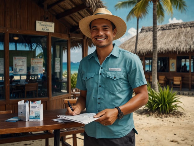 Auf dem Bild ist ein lächelnder Mann zu sehen, der draußen an einem Tisch steht und etwas auf einem Formular schreibt. Er trägt ein Sommerhemd und einen Hut. Im Hintergrund sind eine Strandlandschaft und ein Restaurant zu erkennen. 

In Bezug auf Einreise und Visum könnte dieser Mann zum Beispiel ein Mitarbeiter eines Resorts oder einer Unterkunft sein, der Urlauber bei der Ankunft hilft. Bei der Einreise in ein anderes Land ist es wichtig, die richtigen Visa zu haben, um sicherzustellen, dass alles reibungslos verläuft.