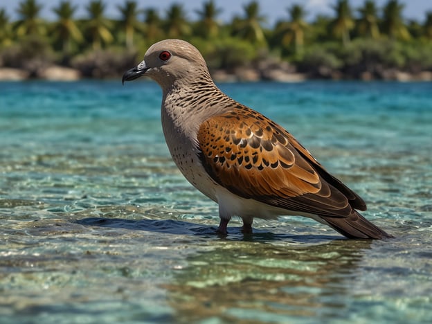 Auf dem Bild ist ein Vogel zu sehen, der im flachen Wasser steht. Im Hintergrund sind Palmen zu erkennen, die auf eine tropische Umgebung hinweisen. Solche Szenen könnten in Urlaubsorten wie den Malediven oder in tropischen Resorts zu finden sein. Aktivitäten, die man dort genießen kann, sind beispielsweise Schnorcheln, Schwimmen im klaren Wasser oder einfach das Entspannen am Strand. Die Umgebung lädt dazu ein, die Natur zu beobachten und die Schönheit der tropischen Flora und Fauna zu erleben.