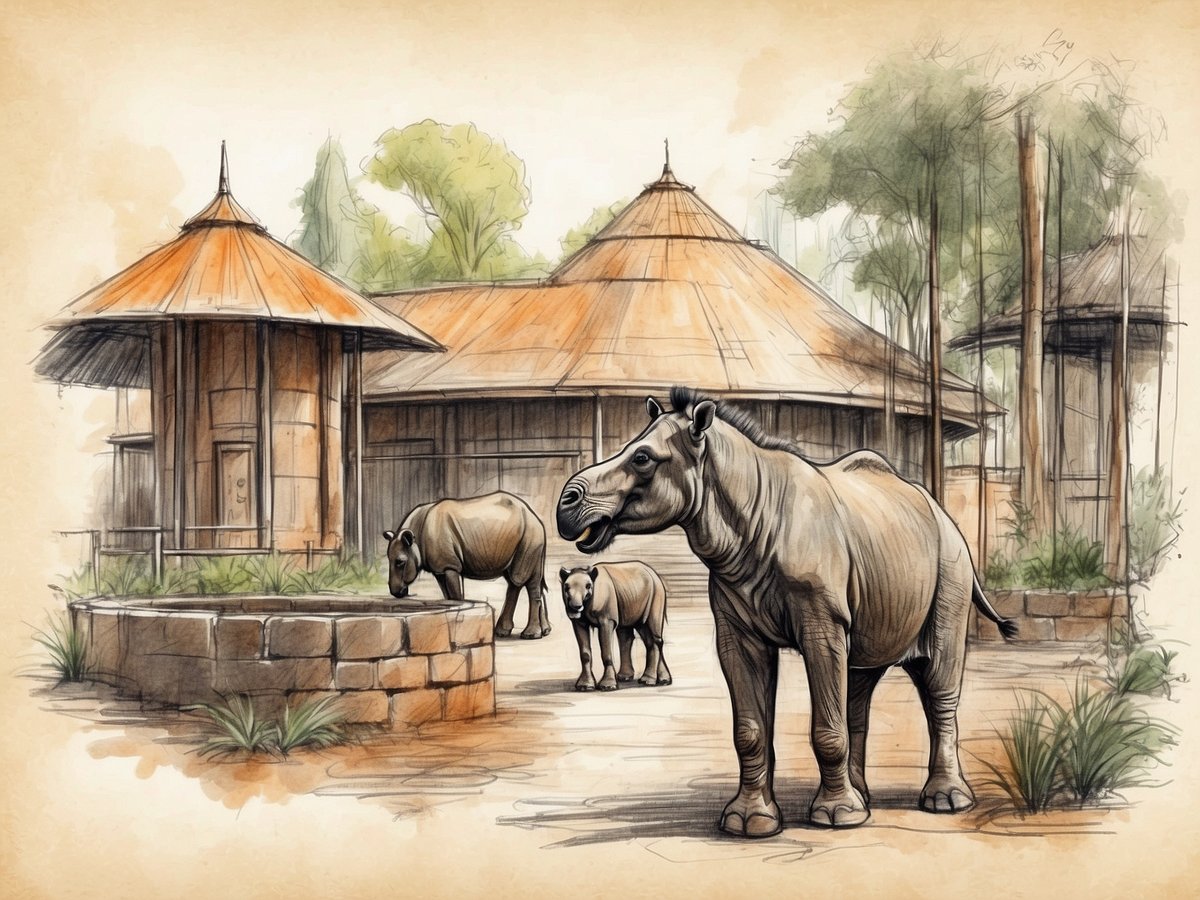 Im Zoologischen Garten Augsburg sind mehrere Nashörner vor typisch gestalteten, aus Holz und Stein erbauten Gehegen zu sehen. Die Architektur der Gebäude ist von einer rustikalen Ausstrahlung geprägt, umgeben von üppigem Grün. Die Tiere zeigen sich in einer natürlichen Umgebung mit Pflanzen und Wasserstellen, was ein harmonisches Bild der Tierhaltung vermittelt.