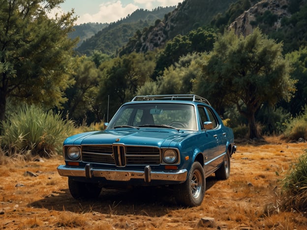 Auf dem Bild ist ein blauer Oldtimer zu sehen, der in einer ländlichen Umgebung steht, umgeben von Bäumen und trockenem Gras. Der Wagen hat einen klassischen Stil, der typisch für frühere Jahrzehnte ist, und scheint gut erhalten zu sein. Die Schönheit der Natur im Hintergrund hebt die Nostalgie des Fahrzeugs hervor. Man könnte schließen, dass der Wagen entweder ein Sammlerstück ist oder möglicherweise regelmäßig genutzt wird, was auf eine Vorliebe für klassische Autos hindeutet.