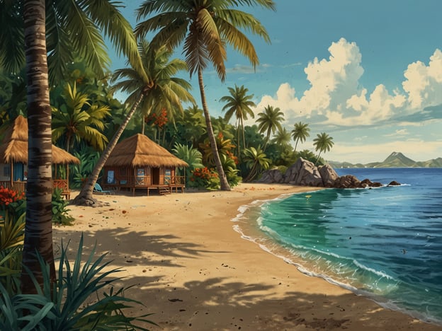 Auf dem Bild ist eine tropische Küstenlandschaft mit Palmen, einer Sandstrand-Umgebung und traditionellen Hütten zu sehen. Die besten Reisezeiten für Vanuatu sind in der Regel von Mai bis Oktober, wenn das Wetter trockener und angenehmer ist. Diese Monate sind ideal für Strandaktivitäten und Erkundungen.