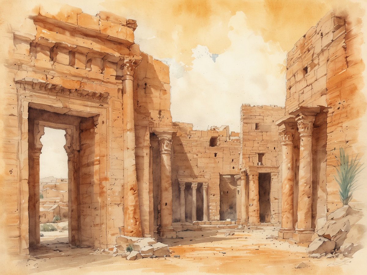 Das Bild zeigt eine historische Ruine mit verwitterten Steinmauern und Säulen. Sonniges Wetter mit einem leichten Wolkenhimmel ist erkennbar. Der Innenraum ist von offenen Toren geprägt, die zu anderen Bereichen der Ruine führen. Zwischen den Steinstrukturen wachsen einige Pflanzen, was auf die natürliche Erneuerung in dieser alten Umgebung hinweist. Die Farben sind sanft und warm, was dem Bild eine nostalgische Atmosphäre verleiht.