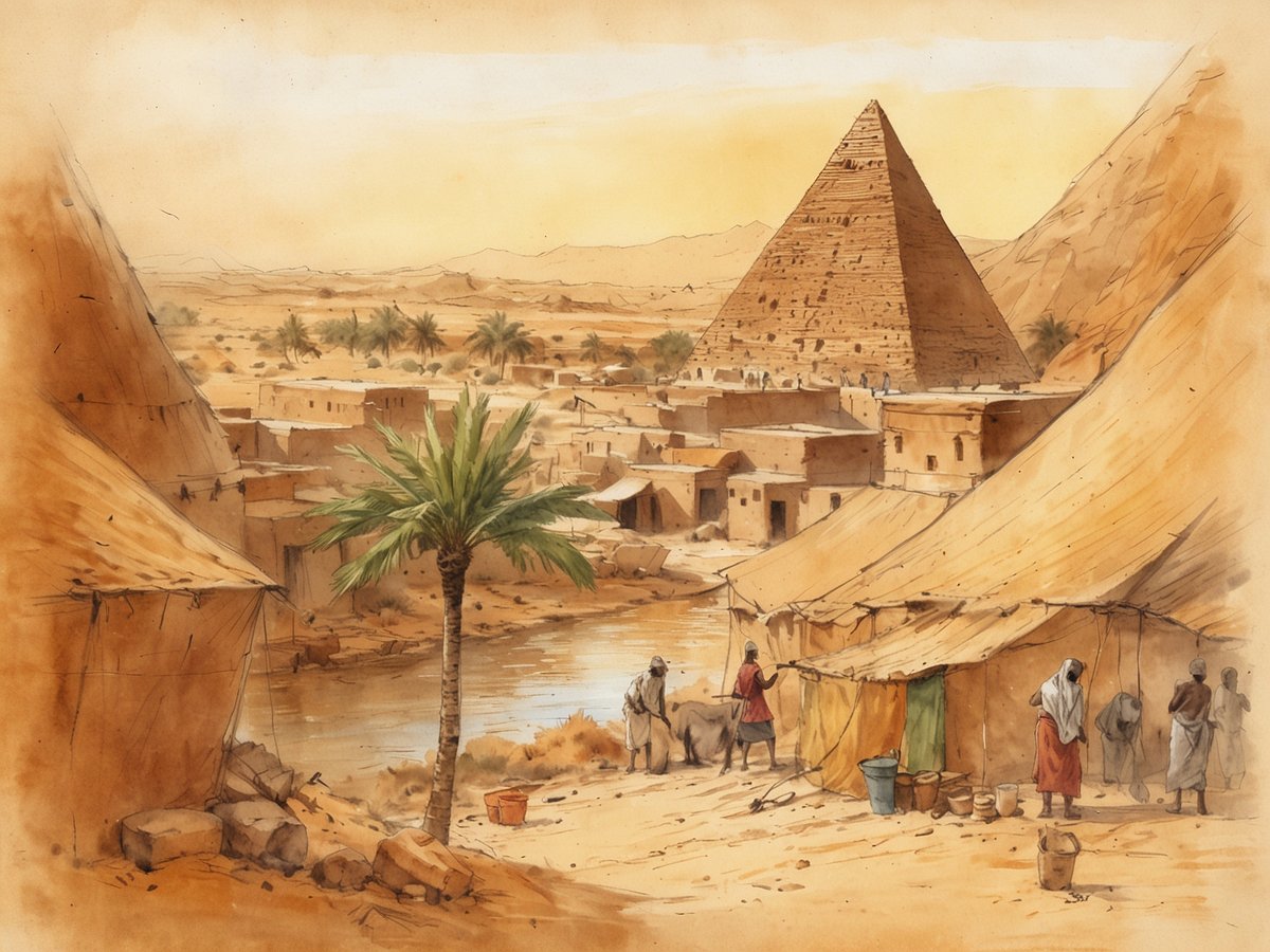 Eine malerische Landschaft zeigt eine Gruppe von traditionellen Zelten am Ufer eines ruhigen Gewässers. Im Hintergrund erhebt sich eine majestätische Pyramide, umgeben von Palmen und sanften Hügeln. In der Vordergrundszene sind mehrere Personen, darunter ein Mann mit einem Esel, der Wasser trägt, während andere mit Töpfen und Schüsseln beschäftigt sind. Die warme Farbpalette vermittelt eine friedliche, aber lebendige Atmosphäre, die das alltägliche Leben und die Kultur im Sudan widerspiegelt.