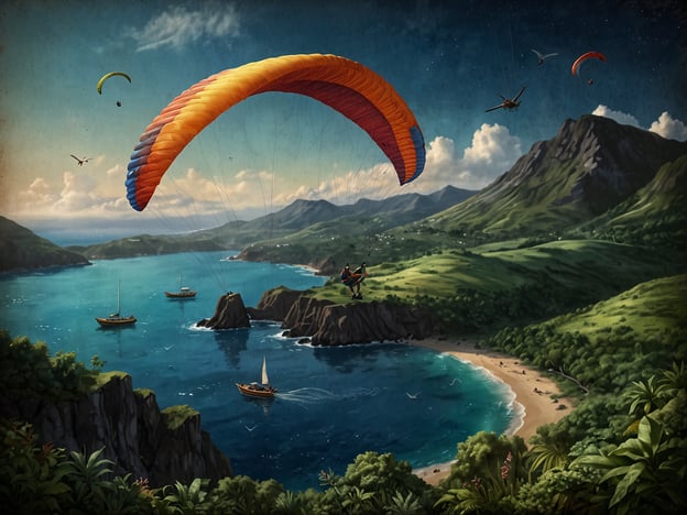 Auf dem Bild sieht man eine atemberaubende Landschaft, die zum Abenteuer einlädt. Im Vordergrund fliegen mehrere Paraglider durch die Luft, was aufregende Aktivitäten wie Gleitschirmfliegen zeigt. 

Unter ihnen erstreckt sich eine malerische Küste mit einem ruhigen, blauen Meer, in dem einige Boote segeln. Diese Szene verleiht dem Bild ein Gefühl der Freiheit und des Erlebens. Die Umgebung ist üppig und grün, was das Gefühl von Naturverbundenheit und Erkundung verstärkt. 

Insgesamt vermittelt das Bild den Eindruck eines perfekten Tages voller Abenteuer, sei es beim Gleitschirmfliegen oder beim Segeln auf dem Wasser.