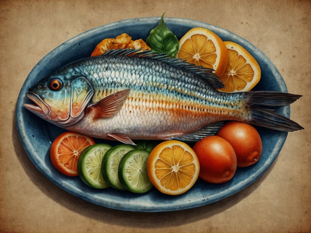 Auf dem Bild ist ein frisch zubereiteter Fisch zu sehen, der kunstvoll auf einem blauen Teller angerichtet ist. Um den Fisch herum liegen verschiedene Obstsorten: Orangenscheiben, Zitronen und Limetten, die für eine spritzige Note sorgen. Dieses kulinarische Erlebnis könnte eine Spezialität aus einer Küstenregion darstellen, wo frischer Fisch oft mit lokalen Zitrusfrüchten kombiniert wird, um die Aromen zu intensivieren. Solche Gerichte sind typischerweise in mediterranen oder tropischen Küchen zu finden, wo die frisch gefangene Meeresfrüchte die Hauptrolle spielen. Diese Kombination verspricht nicht nur einen leckeren Geschmack, sondern auch eine ansprechende Präsentation.