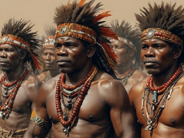 Auf dem Bild sind mehrere Männer abgebildet, die traditionelle Kleidung und Schmuck tragen. Ihre Körper sind mit verschiedenen Halsketten und Armbändern geschmückt, und sie haben auffällige Federkopfbedeckungen, die in vielen indigenen Kulturen eine wichtige Rolle spielen. Solche Darstellungen sind oft mit kulturellen Ritualen und traditionellen Zeremonien verbunden, die die Identität und den Zusammenhalt der Gemeinschaft stärken.

In vielen afrikanischen Kulturen, insbesondere in Regionen wie dem westlichen und zentralen Afrika, ist es üblich, dass solche Kostüme bei Festen, Tänzen oder Zeremonien getragen werden. Diese Anlässe dienen nicht nur der Feier von Traditionen, sondern auch der Überlieferung von Geschichten und der Verbindung zur Geschichte der Vorfahren.

Die Farben und Materialien der Kleidung sowie die Art des Schmucks können dabei unterschiedliche Bedeutungen haben, wie beispielsweise den sozialen Status oder die Rolle innerhalb der Gemeinschaft.