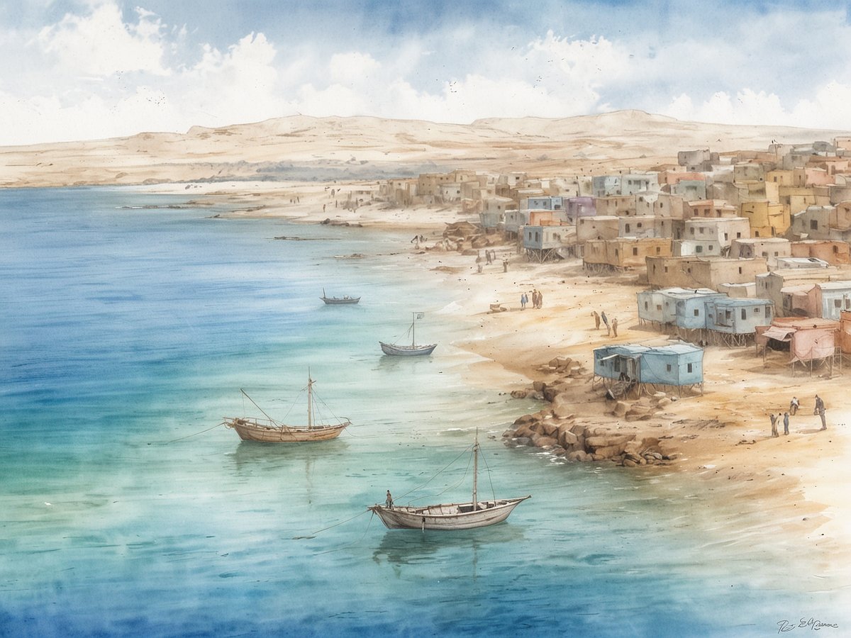 Ein malerischer Blick auf eine Küstenlandschaft in Somalia. Sanfte Wellen brechen an einem hellen Sandstrand, wo mehrere traditionelle Holzboote sanft im Wasser schaukeln. Im Hintergrund erstreckt sich ein kleines, buntes Dorf mit einfachen, rechteckigen Häusern, die in verschiedenen Farbtönen gestrichen sind. Menschen sind am Strand und in der Nähe der Boote aktiv, während im Hintergrund die Wüste mit sanften Hügeln sichtbar ist. Der Himmel ist hellblau mit einigen leicht bewölkten Passagen.