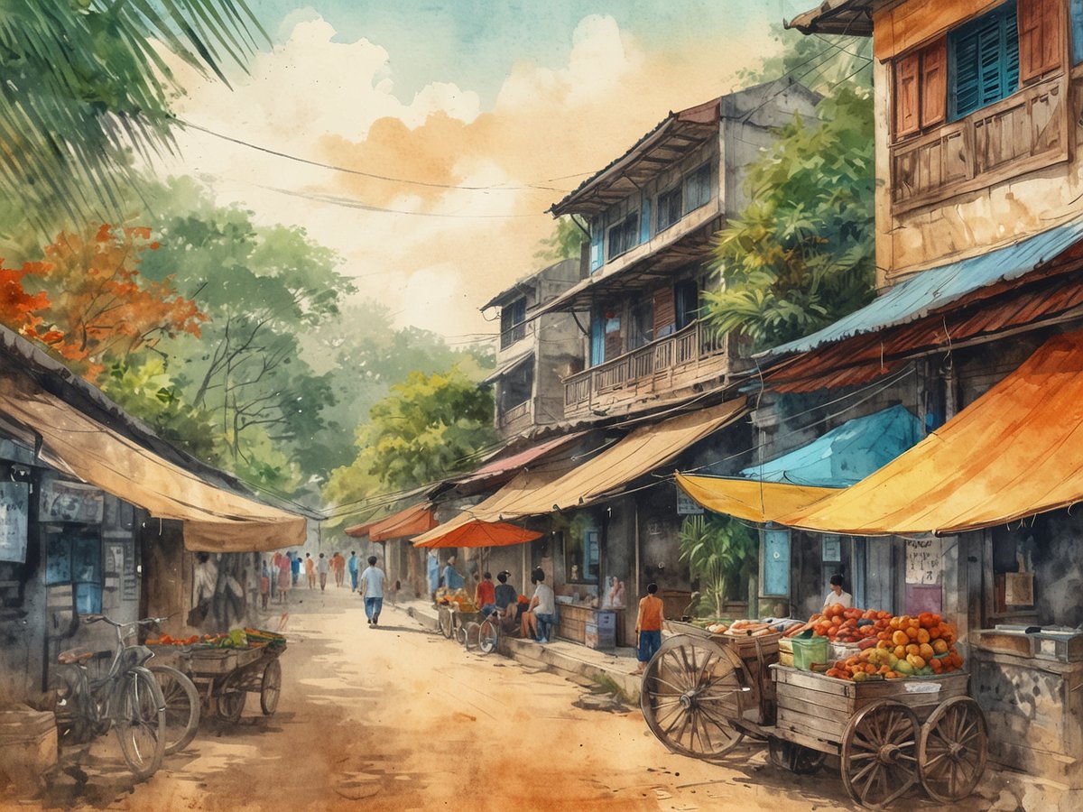 Blick auf eine belebte Marktstraße in Vietnam, umgeben von farbenfrohen Markisen und traditionellen Gebäuden. Menschen schlendern entlang der Straße, während Fahrräder mit Obstständen und anderen Waren dekoriert sind. Üppiges Grün und Bäume spenden Schatten, während die Atmosphäre lebhaft und einladend wirkt. Die sanften Farben und der malerische Stil vermitteln ein Gefühl von Ruhe und kulturellem Reichtum.