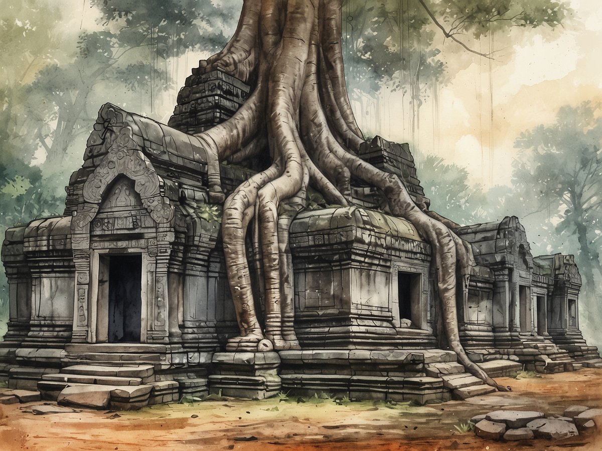 Ein beeindruckender Tempel in Kambodscha, umgeben von unberührter Natur. Die alte Struktur ist teilweise von mächtigen Wurzeln eines Baumes umschlungen, die sich über die Steine legen. Der Tempel zeigt kunstvolle Schnitzereien und sichtbare Spuren der Zeit. Im Hintergrund sind üppige grüne Bäume und eine mystische Atmosphäre zu sehen, die die Schönheit der Landschaft unterstreichen.