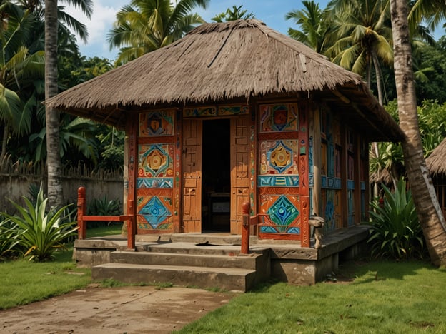 Auf dem Bild ist ein traditionelles Palauan-Haus zu sehen, das architektonisch und kulturell stark mit der Geschichte und den Traditionen Palaus verbunden ist. Diese Hütten sind oft aus Holz und geflochtenen Materialien gebaut, mit einem charakteristischen Strohdach, das Schutz vor den tropischen Witterungsbedingungen bietet.

Die farbenfrohen Wandverzierungen sind Zeichen von Kunstfertigkeit und kulturellem Erbe. Sie erzählen Geschichten über die Gemeinschaft, ihre Bräuche und die Verbindung zur Natur. Solche Häuser dienen nicht nur als Wohnraum, sondern auch als Orte für Versammlungen und kulturelle Feierlichkeiten, in denen Traditionen weitergegeben und gemeinschaftliche Werte gefestigt werden. Die grünen Landschaften um das Haus herum verdeutlichen die reiche Flora Palaus, die ebenfalls eine zentrale Rolle im Leben der Einwohner spielt.