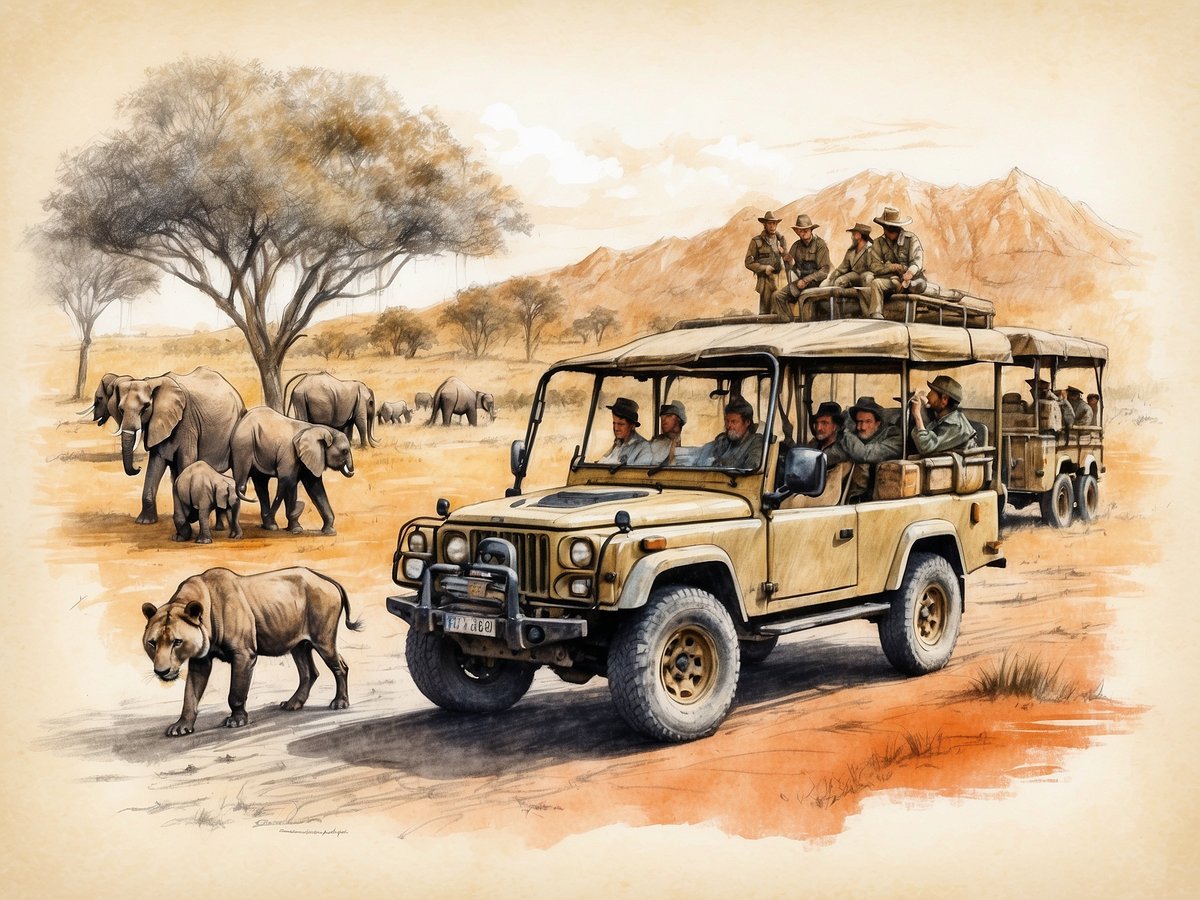 Ein Geländewagen fährt durch die afrikanische Savanne im Serengeti-Park. Im Vordergrund geht eine Löwin neben dem Fahrzeug, während im Hintergrund mehrere Elefantenherden zu sehen sind. Einige Personen sitzen auf dem Fahrzeugdach und beobachten die Umgebung, während andere im Inneren des Fahrzeugs Platz genommen haben, um die Tierwelt zu beobachten. Die Landschaft zeigt weite Grasflächen und vereinzelte Bäume, mit einem ruhigen Bergmassiv in der Ferne.