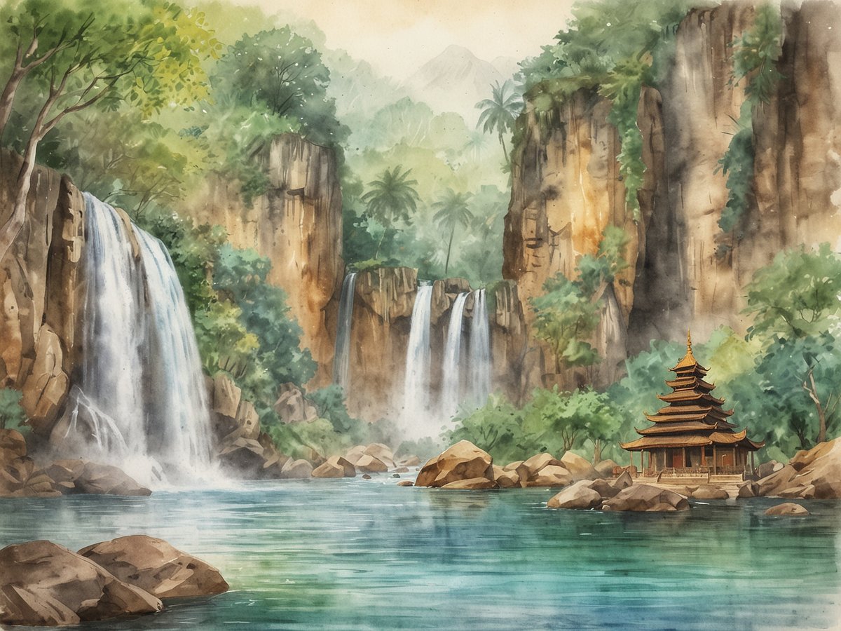 Eine malerische Landschaft mit zwei majestätischen Wasserfällen, die von steilen, bewaldeten Klippen umgeben sind. Im Vordergrund fließt ein ruhiger, glitzernder Fluss, der in verschiedenen Blautönen strahlt. An einem Ufer des Flusses steht ein traditionelles, asiatisches Gebäude mit einem eleganten, mehrstöckigen Dach. Um das Haus herum liegen große, glatte Steine. Die üppige Vegetation mit hohen Bäumen und tropischen Pflanzen vermittelt ein Gefühl von Ruhe und Abgeschiedenheit in dieser idyllischen Umgebung. Die sanfte Lichtstimmung lässt die gesamte Szene verträumt wirken.