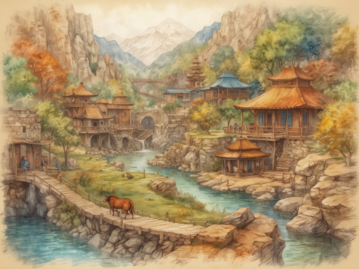 Eine malerische Landschaft in Malaysia zeigt eine harmonische Mischung aus Kultur und Natur. Im Vordergrund verläuft ein Holzsteg über einen klaren, fließenden Fluss, an dem eine Kuh weidet. Im Hintergrund sind traditionelle asiatische Holzgebäude mit verschiedenen Dächern zu sehen, umgeben von üppigem Grün und bunten Bäumen. Die majestätischen Berge mit schneebedeckten Gipfeln erstrecken sich in der Ferne und fügen sich perfekt in die idyllische Szenerie ein. Ein Gefühl von Ruhe und Tradition erfüllt die Landschaft, während Menschen in der Nähe am Fluss arbeiten und verweilen.