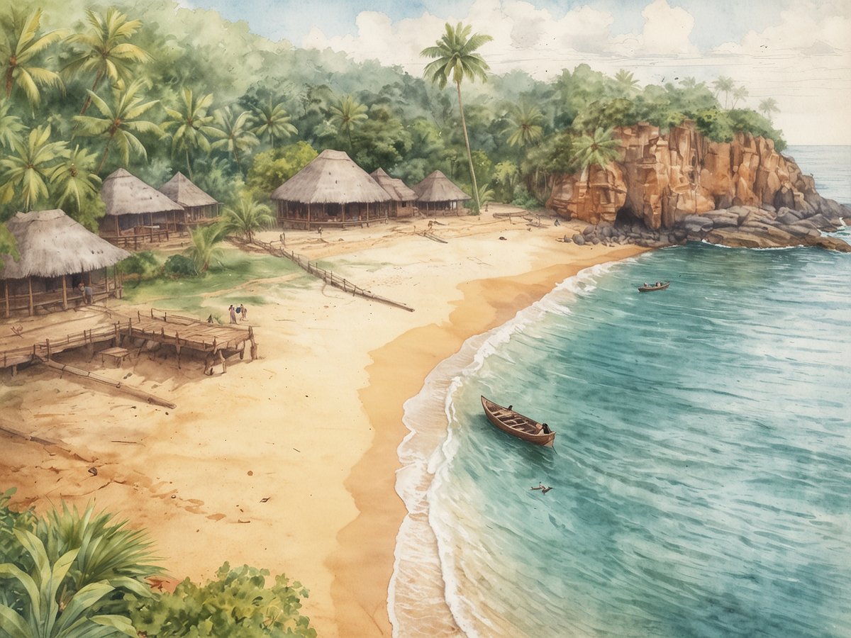 Ein malerischer Strand in Sri Lanka mit feinem Sand und glitzerndem Wasser. Im Vordergrund sind kleine Holzboote zu sehen, die sanft auf den Wellen schaukeln. Am Rand des Strandes stehen einige traditionelle Hütten mit Strohdächern, umgeben von üppigem Grün und Palmen. Die Küste wird von felsigen Klippen in der Ferne flankiert, und der Himmel ist leicht bewölkt, was dem Bild eine ruhige Atmosphäre verleiht. Menschen sind am Strand aktiv, was das lebendige Treiben der Kultur verrät.