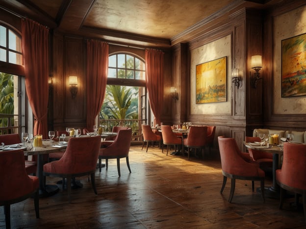 Auf dem Bild ist ein elegantes Restaurant zu sehen, das eine gemütliche und stilvolle Atmosphäre ausstrahlt. Die Einrichtung umfasst rote Samtstühle, Holzverkleidungen und große Fenster mit Blick auf eine grüne Umgebung.

Hier sind ein paar Tipps zu Unterkünften und Essen:

### Unterkunft:
- **Lage**: Suche nach einem Hotel in der Nähe des Restaurants, damit du nach dem Essen nicht weit reisen musst. 
- **Bewertungen**: Achte auf Gästebewertungen, um sicherzustellen, dass die Unterkunft sowohl in Bezug auf Komfort als auch auf Service gut abschneidet.

### Essen:
- **Gerichte**: Informiere dich über die Spezialitäten des Restaurants im Voraus. Oft haben sie saisonale Menüs oder regionale Spezialitäten.
- **Reservierung**: Gerade in beliebten Restaurants kann es sinnvoll sein, im Voraus zu reservieren, um lange Wartezeiten zu vermeiden.
- **Frühstück**: Wenn das Restaurant Frühstück anbietet, nutze die Gelegenheit, die angebotenen Optionen zu probieren, besonders die lokalen Speisen. 

Genieße deinen Aufenthalt!