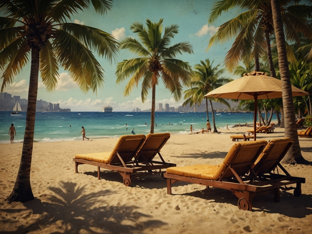 Auf dem Bild ist ein schöner Strand mit Palmen und Liegestühlen zu sehen. Es sieht nach einem entspannenden Urlaubsort aus, ideal für eine Auszeit am Meer. Wenn du so einen Ort besuchen möchtest, kannst du Flüge und Unterkünfte buchen, um deine Reise zu planen. Viele Hotels und Resorts bieten direkten Zugang zum Strand, sodass du die Sonne und das Meer in vollen Zügen genießen kannst.