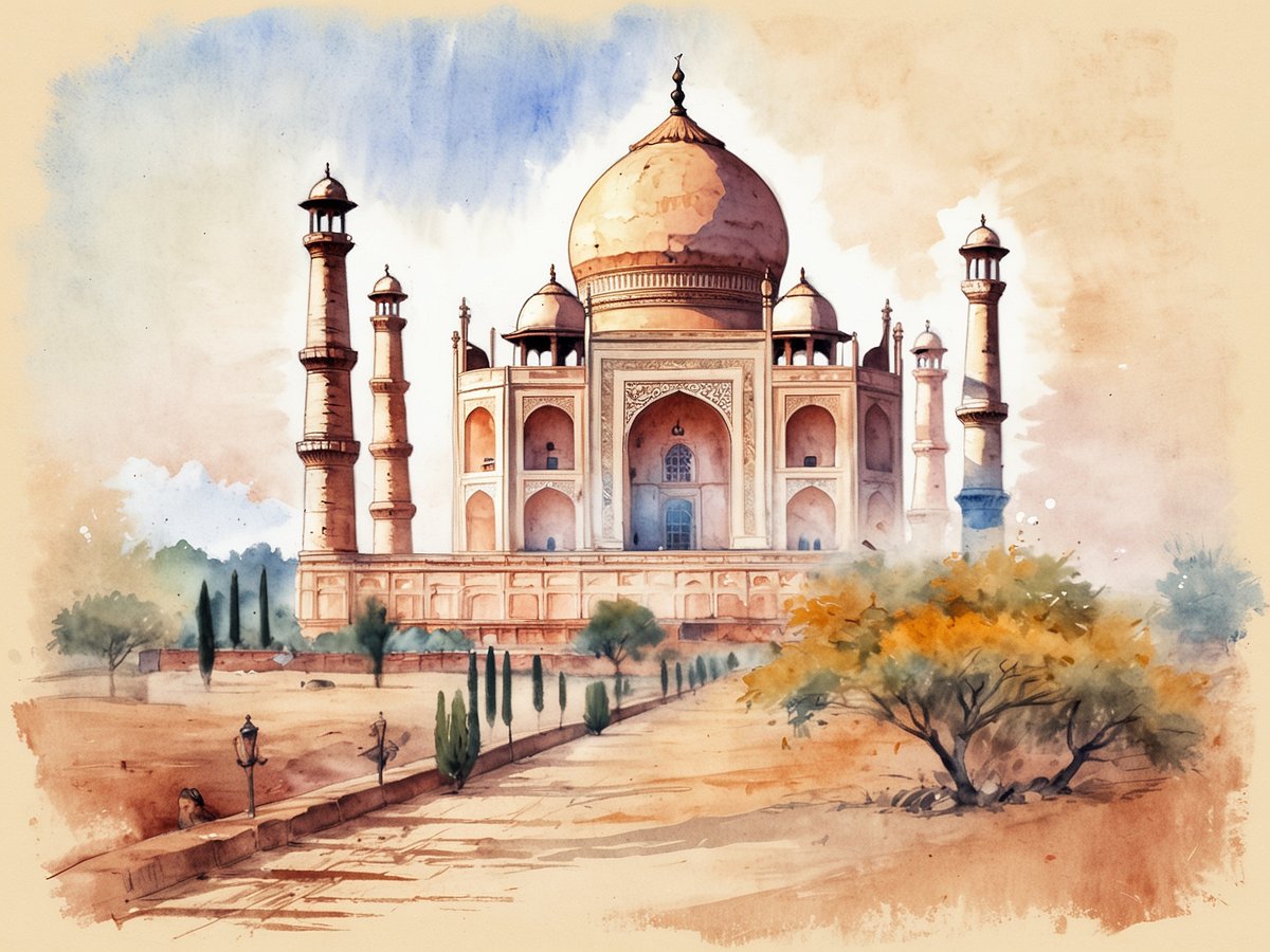 Das Bild zeigt das Taj Mahal, ein ikonisches Bauwerk in Indien, das für seine beeindruckende Architektur bekannt ist. Es ist von majestätischen Minaretten umgeben und hat eine große, glänzende Kuppel in der Mitte. Die Szene ist von sanften Wasserfarben in warmen Tönen geprägt und vermittelt eine friedliche Atmosphäre. Im Vordergrund sind Bäume und eine gepflasterte Straße zu sehen, die zum Monument führt. Das Bild strahlt eine zeitlose Schönheit aus und verkörpert die kulturellen Kontraste Indiens.