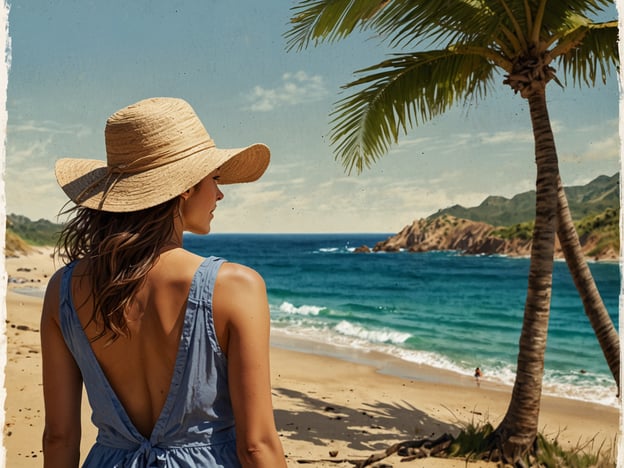 Auf dem Bild ist eine Strandlandschaft zu sehen, mit einer Frau, die auf das Meer schaut. Die Umgebung wirkt warm und einladend, mit Palmen und einem schönen Sandstrand. 

Wenn du Aktivitäten planen möchtest, könntest du folgende Überlegungen anstellen:

1. **Strandtag**: Packe einen Picknickkorb und genieße eine entspannte Zeit am Strand mit Schwimmen und Sonne tanken.
2. **Wassersport**: Überlege, Wassersportarten wie Schnorcheln oder Stand-Up-Paddling auszuprobieren.
3. **Wanderung**: Erkunde die Küste und mache eine Wanderung entlang des Wassers, um die atemberaubende Aussicht zu genießen.
4. **Fototour**: Mache Fotos von der schönen Landschaft und den Palmen, um die Erinnerungen festzuhalten.
5. **Sonnenuntergang**: Plane einen Abend am Strand, um den Sonnenuntergang zu beobachten – ein romantisches und friedliches Erlebnis. 

Diese Aktivitäten könnten helfen, die Zeit an diesem malerischen Ort zu bereichern!