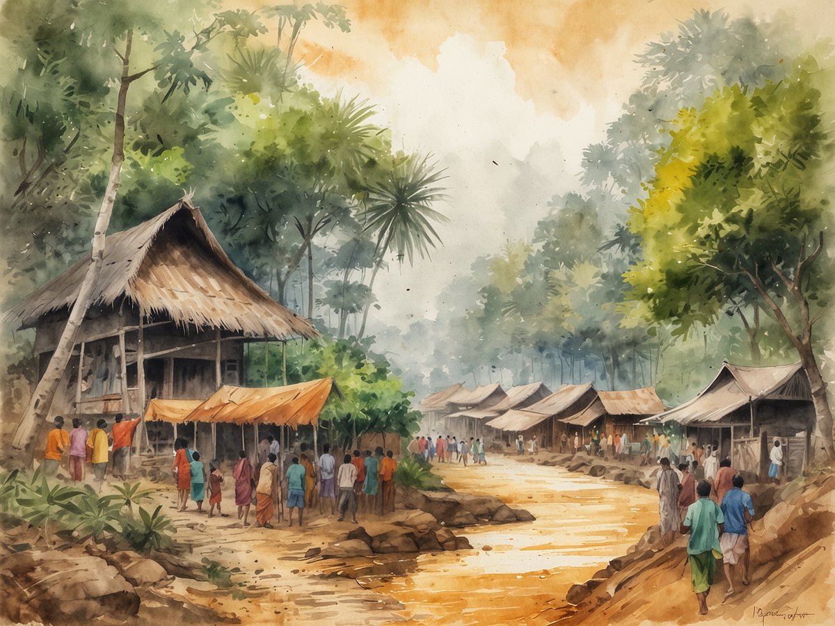 Das Bild zeigt eine malerische Szene aus einem kleinen Dorf in Bangladesch. Im Vordergrund sind mehrere Menschen in bunten Kleidern zu sehen, die an einem schmalen Weg entlanggehen. Auf der linken Seite steht ein einfaches, traditionelles Haus mit einem Strohdach, während sich auf der rechten Seite eine Reihe von kleinen, überdachten Hütten entlang des Ufers eines ruhigen, bräunlichen Gewässers befindet. Die Umgebung ist üppig grün mit vielen Bäumen und Pflanzen, die eine friedliche, ländliche Atmosphäre schaffen. Der Himmel ist leicht bewölkt, was dem Bild eine sanfte, verträumte Stimmung verleiht.