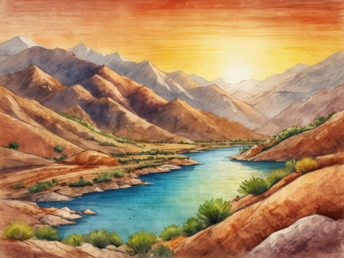 Eine malerische Landschaft in Pakistan mit majestätischen Bergen im Hintergrund und einem ruhigen Fluss, der sich durch das talartige Gebiet schlängelt. Die Berge sind in verschiedenen Brauntönen gehalten, während der Himmel in sanften Orange- und Gelbtönen leuchtet, was auf einen Sonnenuntergang hinweist. Am Ufer des Flusses wachsen grüne Pflanzen und Sträucher, die dem Bild eine lebendige Note verleihen. Die harmonische Verbindung von Natur und Farben spiegelt die Schönheit und Abenteuerlust der pakistanischen Kultur wider.