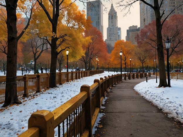 Auf dem Bild ist eine malerische Herbstszene in einem Park zu sehen, vermutlich in New York. Die Bäume sind in leuchtenden Herbstfarben gefärbt, während der Boden mit einer Schicht Schnee bedeckt ist. Ein gepflasterter Weg verläuft durch den Park und wird von Laternen gesäumt, die eine gemütliche Atmosphäre schaffen.

Die besten Reisezeiten für New York sind im Frühling (April bis Juni) und im Herbst (September bis November). In diesen Monaten sind die Temperaturen angenehm, und die Natur zeigt ihre schönsten Farben, insbesondere im Herbst wie auf dem Bild zu sehen.