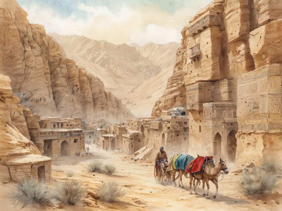 Eine malerische Wüstenlandschaft in Afghanistan mit majestätischen Bergen im Hintergrund. In der Mitte des Bildes zieht ein Kamel mit einem beladenen Wagen entlang einem staubigen Weg. Auf beiden Seiten des Weges sind traditionelle Gebäude aus Lehm und Stein zu sehen, teilweise mit kunstvollen Verzierungen. Der Weg führt durch eine kleine Siedlung, die in die beeindruckende Felslandschaft eingebettet ist, während die sanften Farben und das Licht eine friedliche Atmosphäre schaffen.
