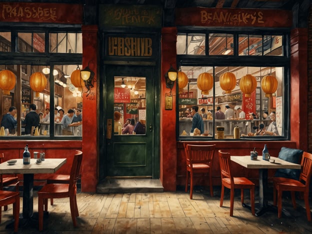 Auf dem Bild sieht man eine lebendige, atmosphärische Restaurant-Szene, die an die kulinarischen Highlights von New York erinnert. Es könnte sich um einen Platz in einem Chinatown oder einem Restaurantviertel handeln, das typisch für New York ist. Die roten Laternen und das einladende Ambiente lassen an authentische asiatische Küche denken, wie sie in vielen beliebten Lokalen zu finden ist.

In New York sind gastronomische Erlebnisse wie Dim Sum, Noodles, oder verschiedene asiatische Street Food-Angebote sehr gefragt. Solche Plätze bieten oft eine große Vielfalt an traditionellen Gerichten, die zum Teilen und Genießen einladen. Das Bild vermittelt das Gefühl von Geselligkeit und der Freude am Essen, was das kulinarische Erbe der Stadt prägnant widerspiegelt.