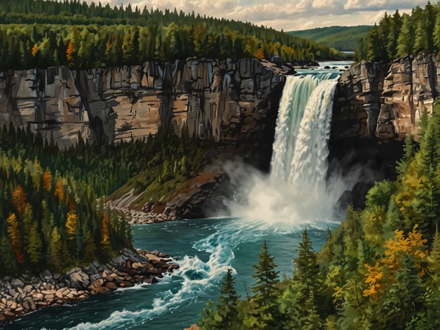 Auf dem Bild ist ein beeindruckender Wasserfall zu sehen, der aus einer hohen Klippe stürzt. Umgeben von steilen Felsen, fließt das Wasser in einen klaren, türkisfarbenen Fluss. Die Landschaft ist reich an grünen Wäldern, die mit einigen bunten Laubbäumen durchzogen sind, was auf den Herbst hinweist. Diese Naturschönheit erinnert an beeindruckende Plätze wie die Niagarafälle oder den Multnomah Falls in Oregon, wo das Zusammenspiel von Wasser und Natur atemberaubende Ausblicke bietet.