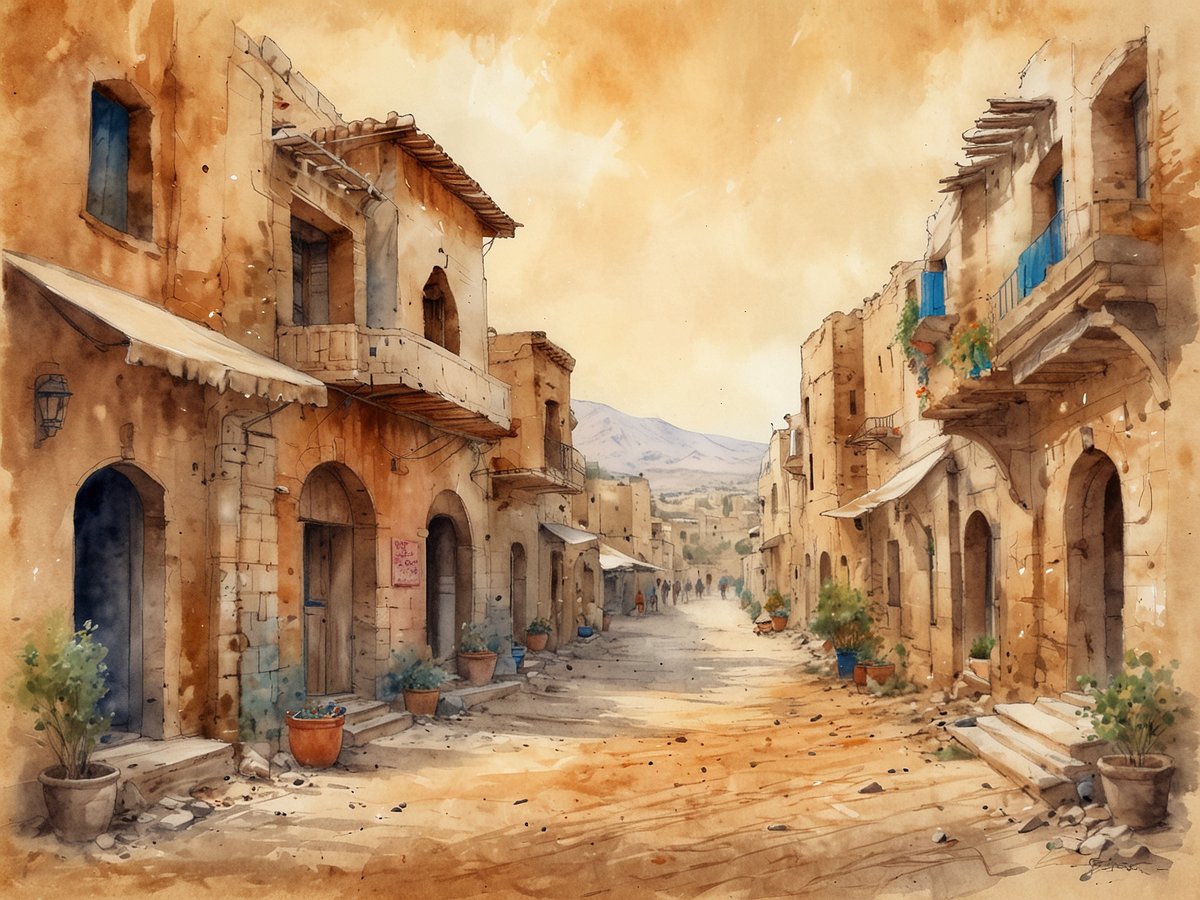 Eine malerische Straße in Syrien, gesäumt von historischen, sandsteinfarbenen Gebäuden mit großen, eleganten Fenstern und Balkonen. Einige Fenster sind mit blauen Fensterläden versehen und Blumenkübel mit Pflanzen stehen vor den Häusern. Der Weg ist staubig und es liegen einige Steine auf dem Boden. Im Hintergrund sind hügelige Landschaften zu sehen, die die Szenerie umrahmen. Die Atmosphäre strahlt Wärme und eine reizvolle, historische Stimmung aus.