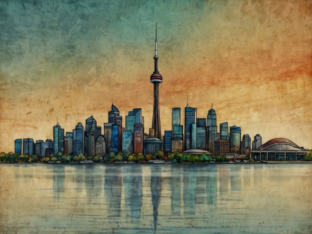 Auf dem Bild ist die Skyline von Toronto zu sehen. Markant ist der CN Tower, der eine der bekanntesten Sehenswürdigkeiten der Stadt darstellt. Die Gebäude reflektieren sich im Wasser, und der Hintergrund zeigt einen sanften Farbverlauf, der einen schönen Sonnenuntergang andeutet. Die Szene vermittelt ein Gefühl von Urbanität und lebendiger Atmosphäre, das typisch für diese multikulturelle Stadt ist. Die zahlreichen Wolkenkratzer und die grüne Uferlinie ergänzen das Gesamtbild und unterstreichen die beeindruckende Architektur von Toronto.