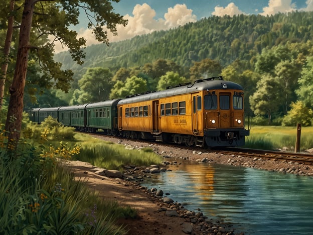 Auf dem Bild ist ein Zug zu sehen, der auf einer Strecke durch eine malerische Landschaft fährt. Der Zug besteht aus mehreren Waggons, von denen einer eine auffällige gelbe Farbe hat. Er bewegt sich entlang der Gleise, die durch eine grüne Umgebung mit Bäumen und Sträuchern verlaufen. In der Nähe des Zuges fließt ein kleiner Bach. Diese Szenerie zeigt eine Form der Fortbewegung, die oft für Reisen oder den Transport von Gütern genutzt wird.