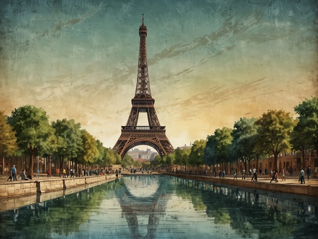 Auf dem Bild ist der Eiffelturm in Paris zu sehen, umgeben von einer schönen Landschaft mit Bäumen und einem Gewässer, das seinen majestätischen Anblick reflektiert. 

Aktivitäten, die Menschen hier unternehmen könnten, sind Spaziergänge entlang des Wassers, Picknicks in den Parkanlagen und das Erkunden der Umgebung. Besucher könnten auch die Aussichtsplattform des Eiffelturms besichtigen und die atemberaubende Aussicht über die Stadt genießen.