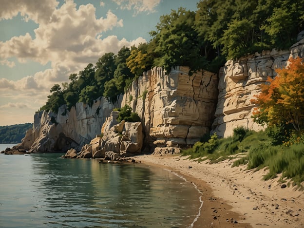 Auf dem Bild ist eine landschaftliche Küstenansicht zu sehen. Hohe, weiße Felsen ragen über das ruhige Wasser, und die Umgebung ist von grünen Bäumen und Pflanzen umgeben. Der Sandstrand lädt zu einem entspannenden Spaziergang am Ufer ein, während die sanften Wellen des Wassers gegen die Steine plätschern.

Für einen Ausflug in die Umgebung könnte man die Klippen hinaufsteigen, um eine atemberaubende Aussicht auf das Meer und die Küste zu genießen. Alternativ bietet sich ein kleiner Spaziergang durch das Gras und die Wälder an, wo man die Natur hautnah erleben kann. Ein Picknick am Strand wäre ebenfalls eine wunderbare Möglichkeit, die Schönheit der Landschaft auszukosten.