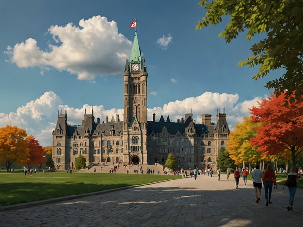 Auf dem Bild ist das Parlamentsgebäude von Ottawa zu sehen, ein bedeutendes Wahrzeichen der Stadt. Es ist bekannt für seine beeindruckende neogotische Architektur und die markante Uhrturm. In der Umgebung sind viele Bäume mit bunten Blättern zu sehen, die typisch für den Herbst sind, was die natürliche Schönheit der Szene unterstreicht. 

Wenn du Ottawa besuchst, gehören das Parlamentsgebäude, der Rideau-Kanal und der ByWard Market zu den besten Sehenswürdigkeiten. Das Parlamentsgebäude ist besonders interessant für die Besichtigung der Architektur und die informative Führung über die kanadische Geschichte.