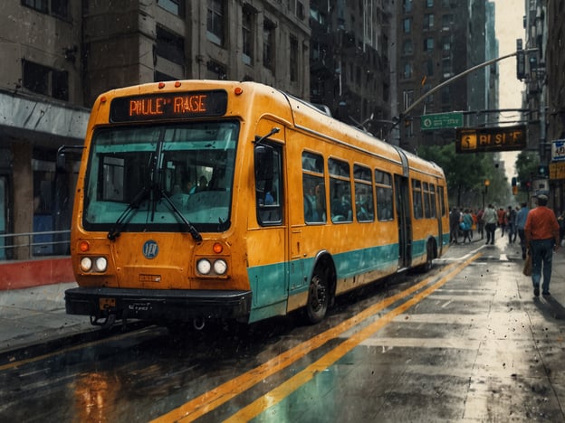 Auf dem Bild ist ein gelber Bus zu sehen, der möglicherweise in einer Stadt unterwegs ist. Regenwasser steht auf der Straße, und es sind mehrere Menschen, die die Straße entlanggehen. 

**Praktische Reisetipps für deinen Aufenthalt:**

1. **Öffentliche Verkehrsmittel nutzen:** Informiere dich über die besten Verkehrsanbindungen, um bequem von A nach B zu gelangen. Ein solider Nahverkehr kann viel Zeit sparen.

2. **Regenbekleidung mitbringen:** Da das Wetter unvorhersehbar sein kann, ist eine wasserdichte Jacke oder ein Regenschirm empfehlenswert.

3. **Essen und Trinken:** Probiere lokale Spezialitäten, die oft in der Nähe von Verkehrsachsen oder in Fußgängerzonen zu finden sind.

4. **Planung:** Schalte dein Smartphone ein, um Routen zu bestimmen und die besten Attraktionen in der Umgebung zu erkunden.

5. **Sicherheit:** Achte auf deine persönlichen Gegenstände, besonders in belebten Gegenden oder im öffentlichen Verkehr. 

Viel Spaß beim Entdecken!