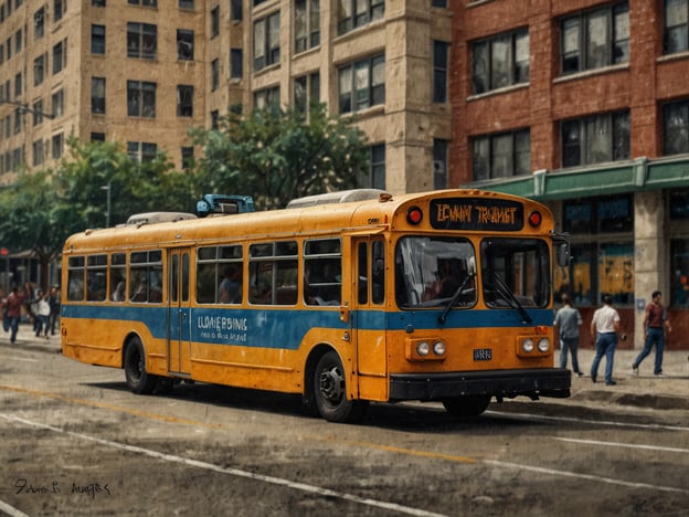 Auf dem Bild ist ein gelber und blauer Bus zu sehen, der auf einer Stadtstraße fährt. Dieser Bus ist ein Beispiel für öffentliche Verkehrsmittel und zeigt, wie Passagiere in urbanen Gebieten fortbewegt werden. Im Hintergrund sieht man Menschen, die auf dem Bürgersteig laufen, was auf eine belebte Umgebung hinweist. Solche Fortbewegungsmittel sind wichtig für die Erreichbarkeit und Mobilität in einer Stadt.