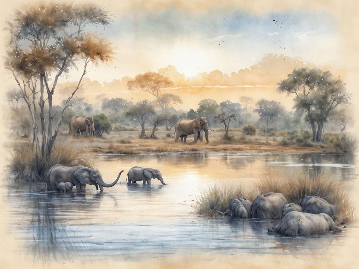 Eine friedliche Szene in Botswana, die eine Gruppe von Elefanten zeigt, die in einem ruhigen Gewässer im Vordergrund stehen. Zwei Elefanten-Kälber spielen im Wasser, während weitere Elefanten im Hintergrund am Ufer stehen. Umgeben von sanften Hügeln, Bäumen und einem mystischen Morgenlicht, vermittelt das Bild eine entspannende und naturnahe Atmosphäre. Kleine Vögel sind am Himmel sichtbar und verleihen der Landschaft Leben.
